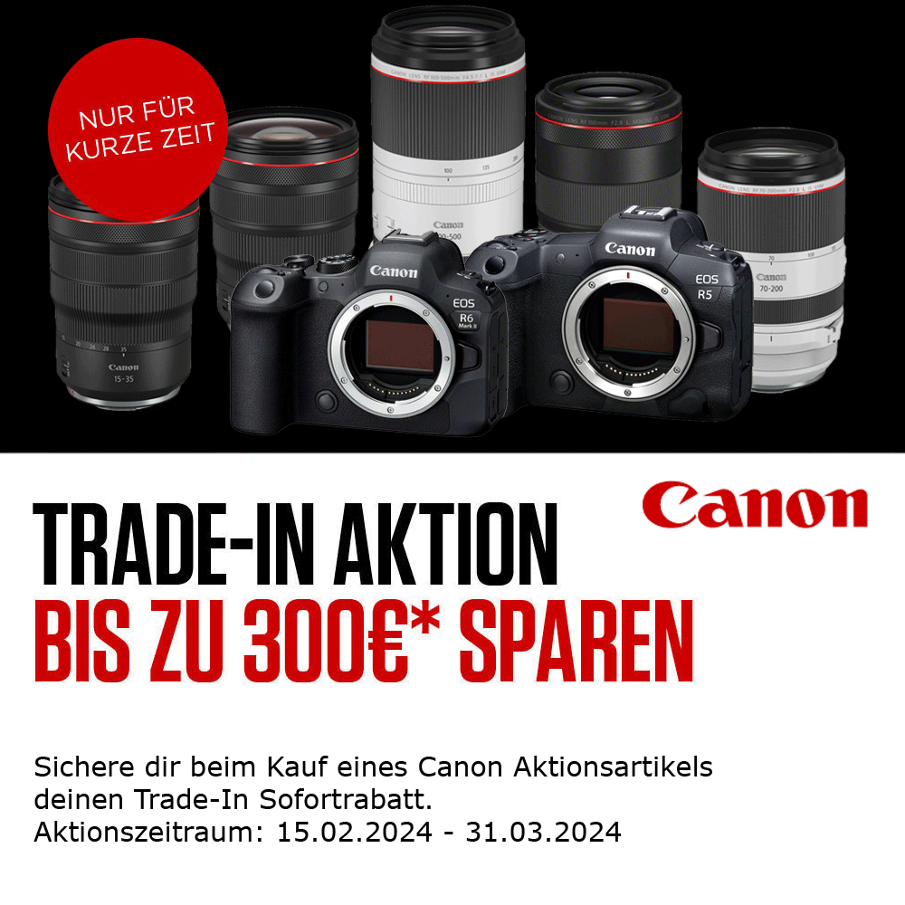 Jetzt teilnehmenden Canon Aktionsartikel kaufen, Altgert eintauschen und bis zu 300,00 € TradeIn-Sofortrabatt zustzlich erhalten (15.02.2024 bis 31.03.2024)